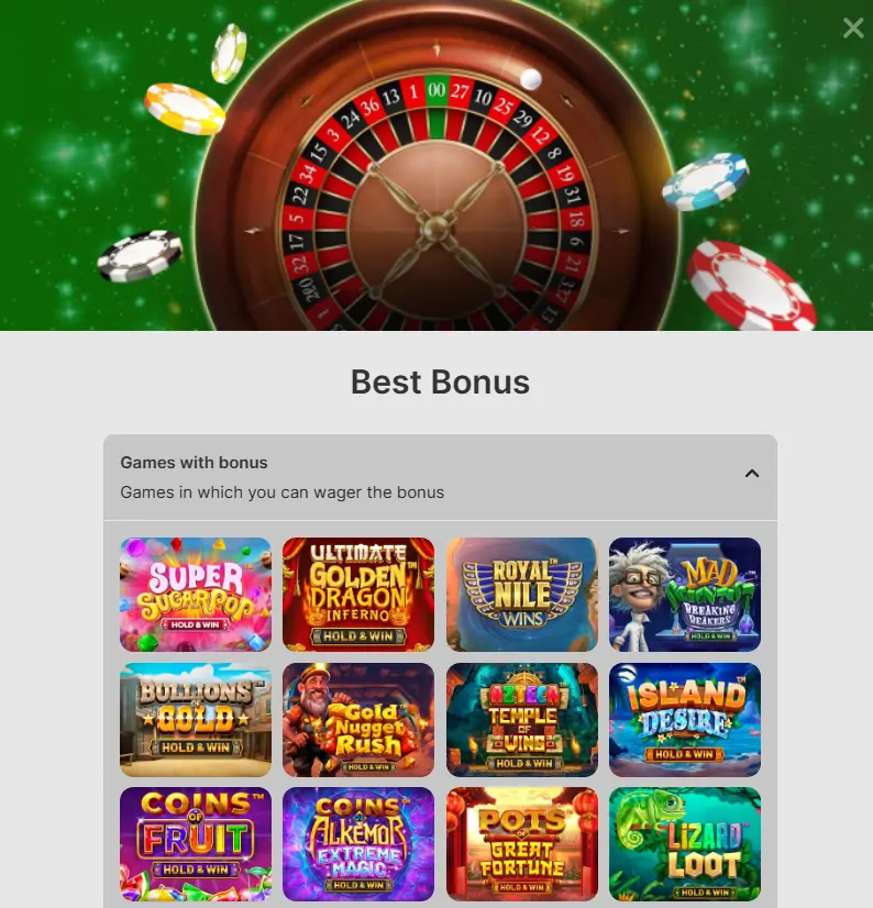 Jeevybet Casino bonus section with slot games available for wagering