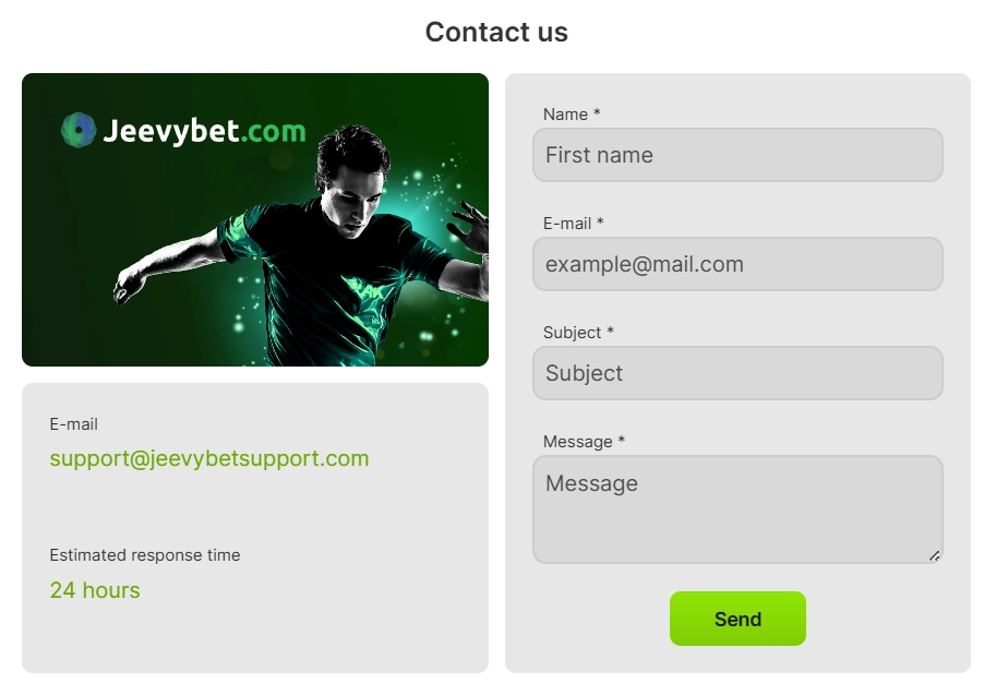 Jeevybet Casino contact page with support email and contact form