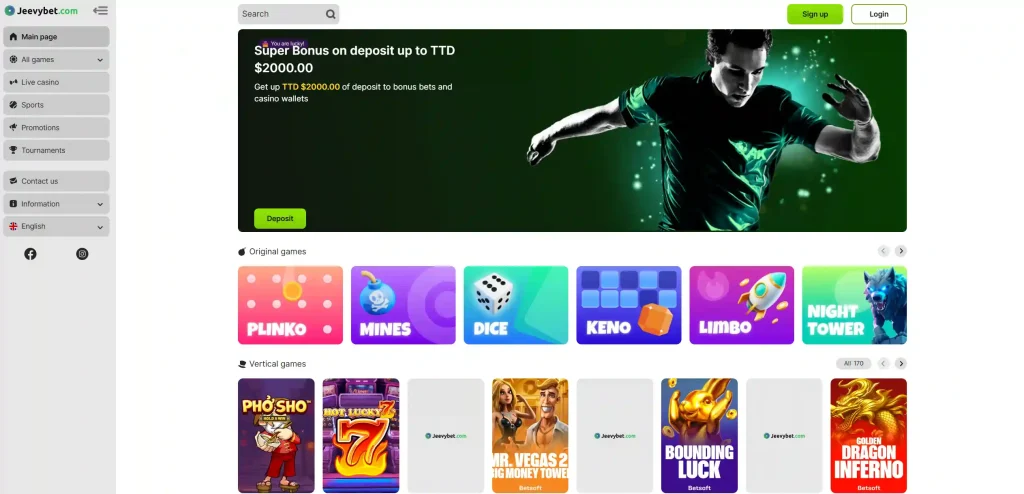 Jeevybet Casino homepage with bonus banner navigation menu and game sections