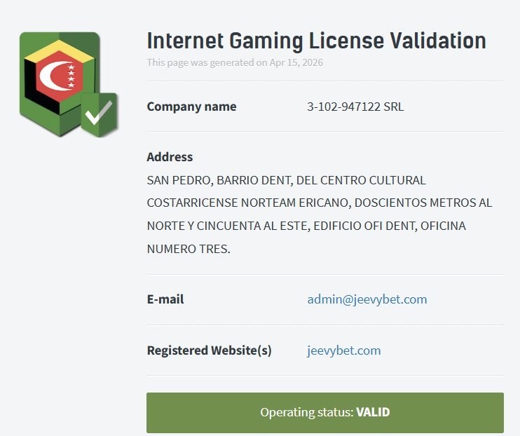 Jeevybet Casino license validation page showing company details and valid status