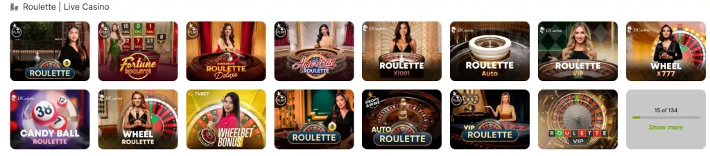 Jeevybet Casino live roulette section with multiple roulette tables and dealers