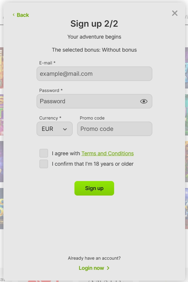 Jeevybet Casino sign up form with email password and currency selection
