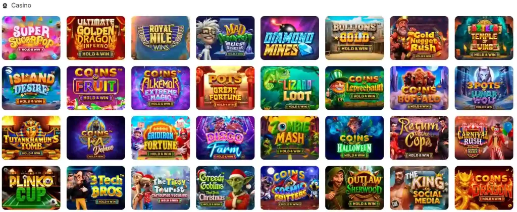 Jeevybet Casino slot games lobby with multiple popular slot titles